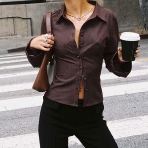 Brown Striped Long Sleeve Shirt with Flared Arms